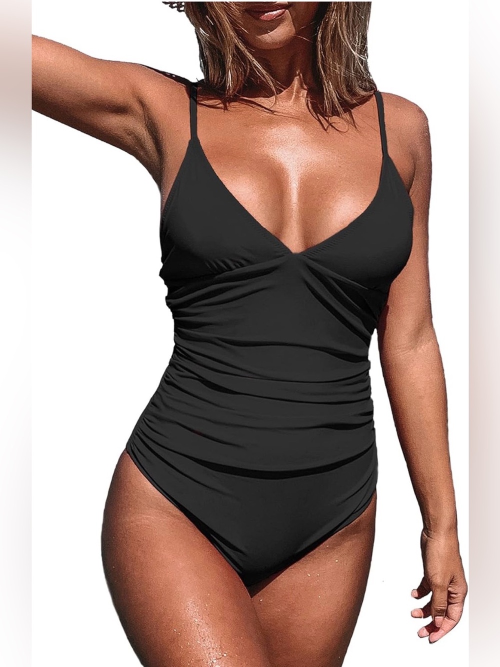 0035: CUPSHE Women's One Piece Swimsuit Tummy Control V Neck Black Ruched
